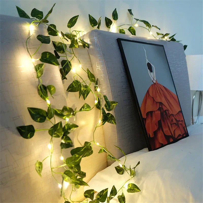 Battery-Powered Flower & Green Leaf Fairy Lights – Beautiful Artificial Vine Garland for Weddings, Christmas, and Home Decor