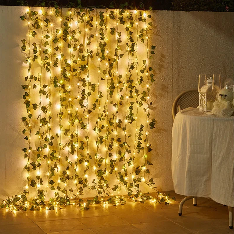 Battery-Powered Flower & Green Leaf Fairy Lights – Beautiful Artificial Vine Garland for Weddings, Christmas, and Home Decor