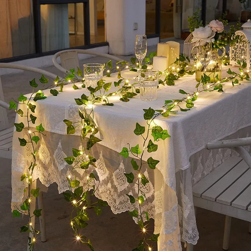 Battery-Powered Flower & Green Leaf Fairy Lights – Beautiful Artificial Vine Garland for Weddings, Christmas, and Home Decor