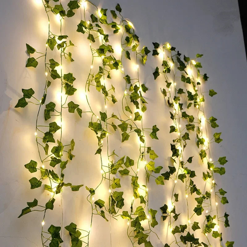 Battery-Powered Flower & Green Leaf Fairy Lights – Beautiful Artificial Vine Garland for Weddings, Christmas, and Home Decor