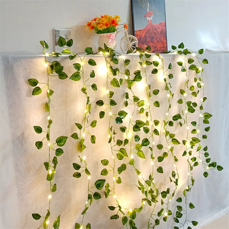 Battery-Powered Flower & Green Leaf Fairy Lights – Beautiful Artificial Vine Garland for Weddings, Christmas, and Home Decor