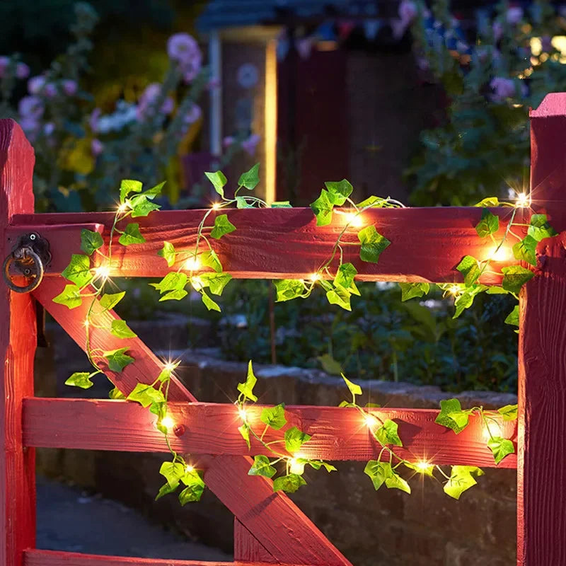 Battery-Powered Flower & Green Leaf Fairy Lights – Beautiful Artificial Vine Garland for Weddings, Christmas, and Home Decor